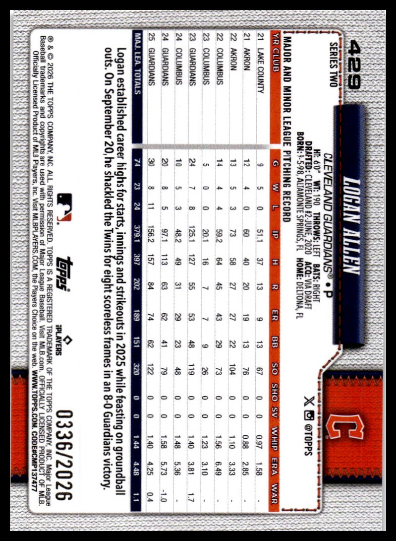 2026 Topps #429 Logan Allen Gold #/2026