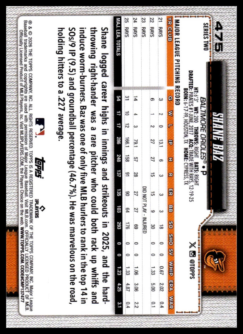 2026 Topps #475 Shane Baz Rainbow Foil