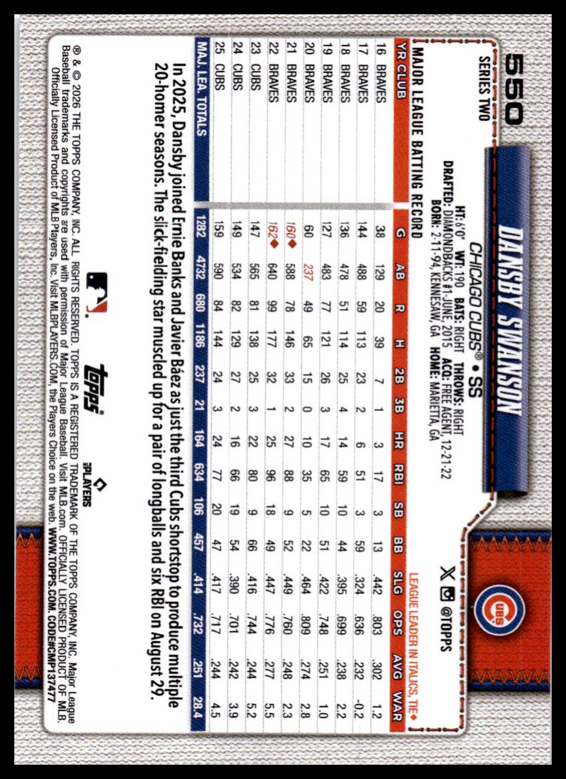 2026 Topps #550 Dansby Swanson Rainbow Foil