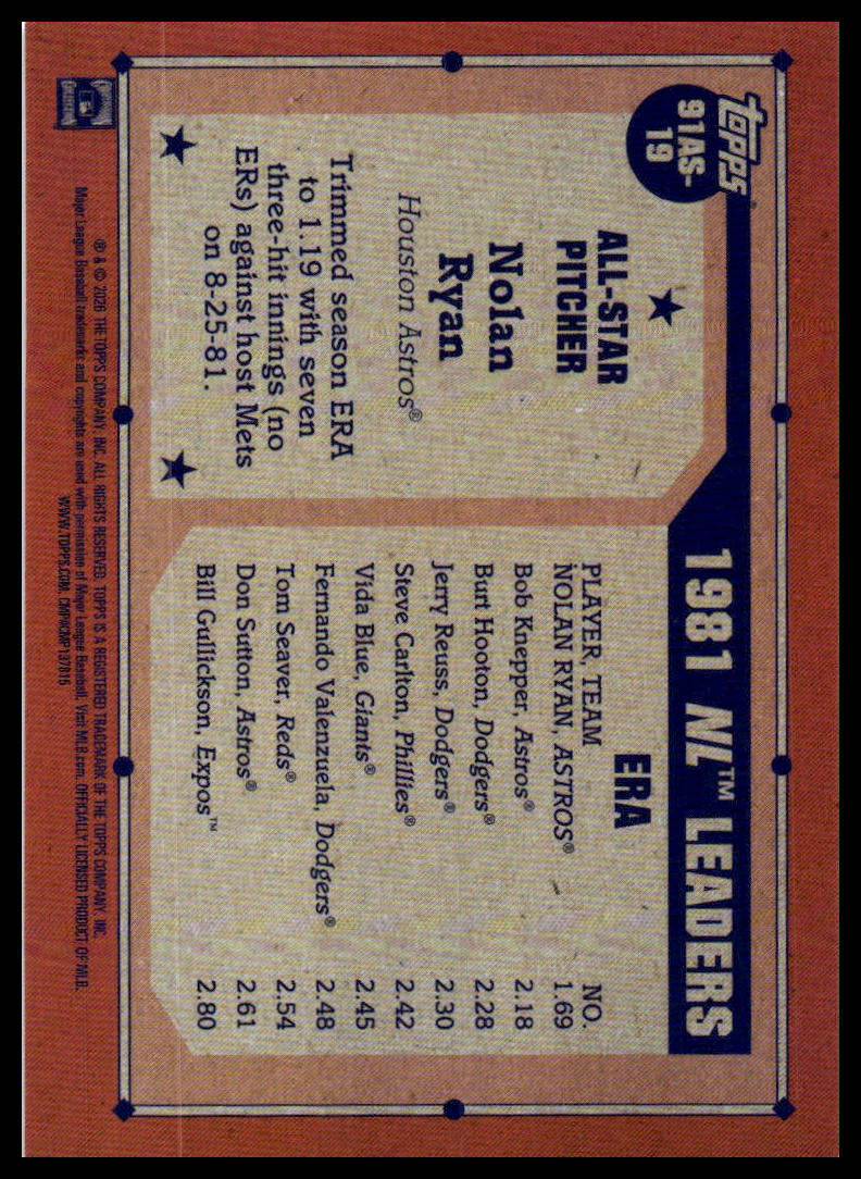 2026 Topps #91AS-19 Nolan Ryan 1991 Topps Baseball 35th Anniversary All-Stars