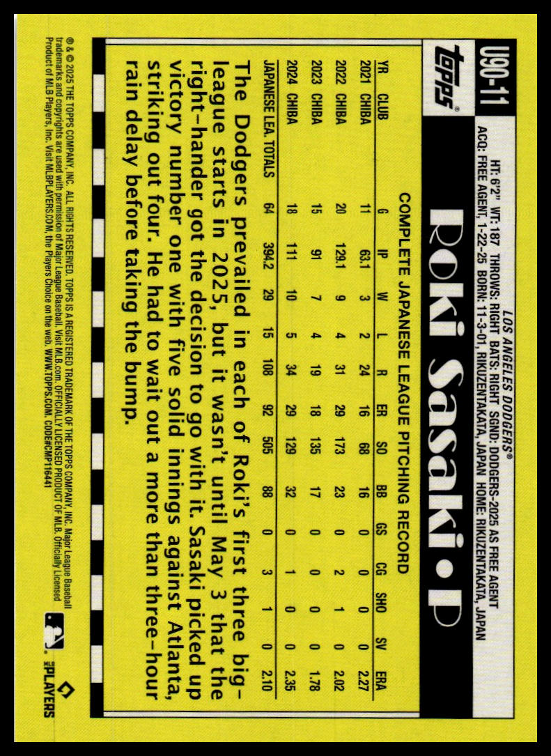 2025 Topps Update #U90-11 Roki Sasaki 1990 Topps Baseball 35th Anniversary