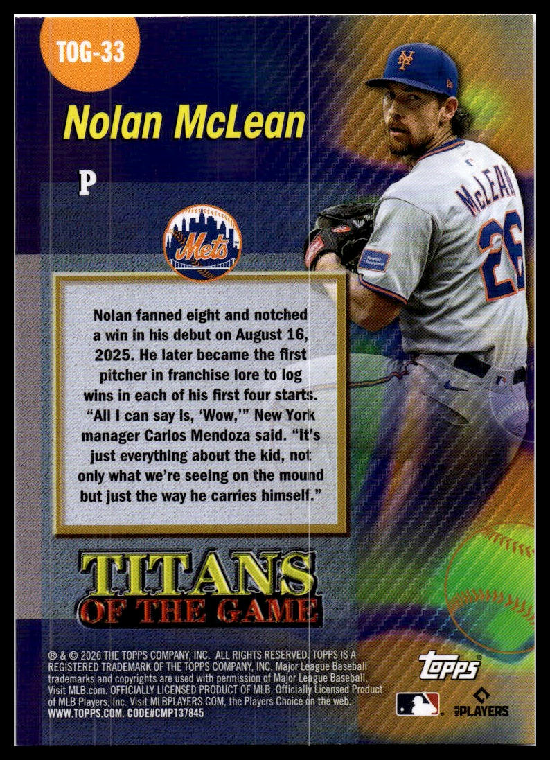 2026 Topps #TOG-33 Nolan McLean Titans of the Game