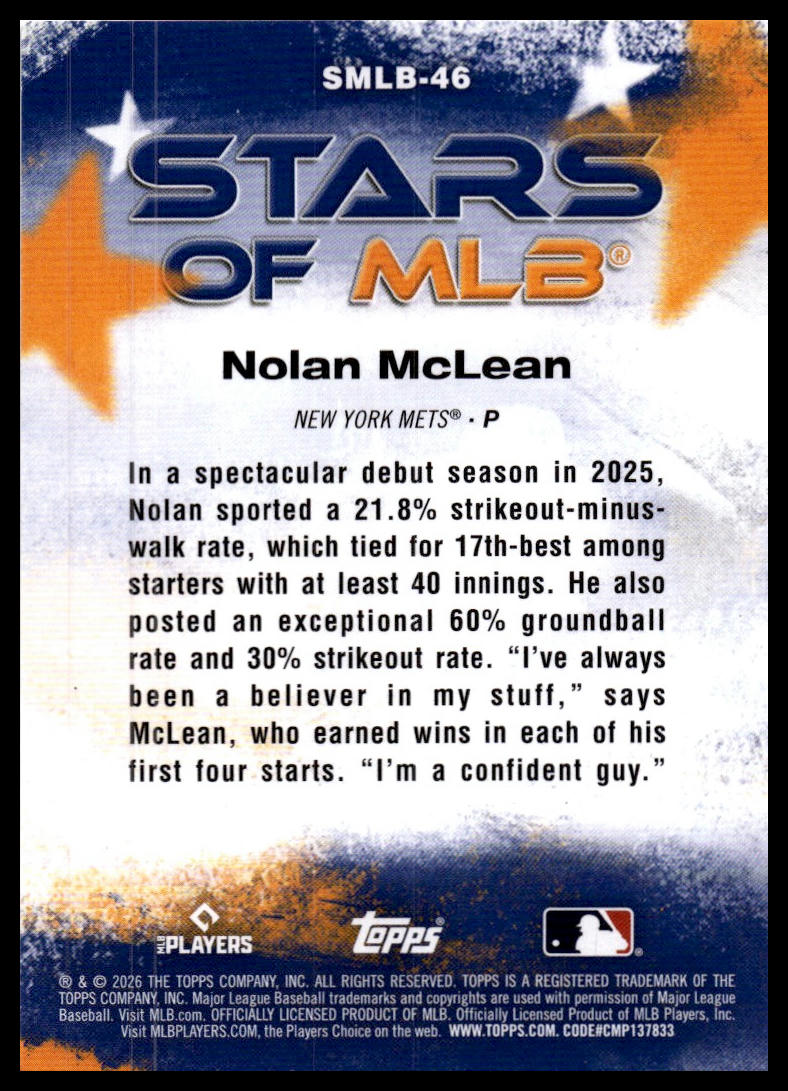 2026 Topps #SMLB-46 Nolan McLean Stars of MLB