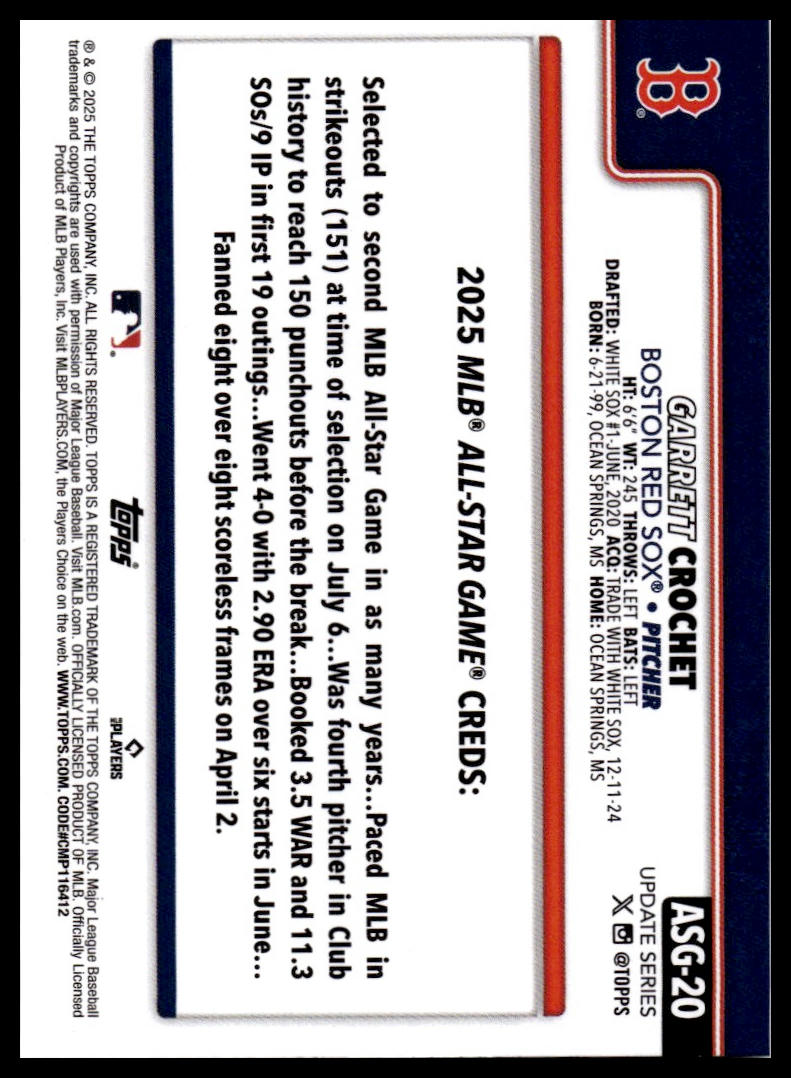 2025 Topps Update #ASG-20 Garrett Crochet 2025 All-Star Game