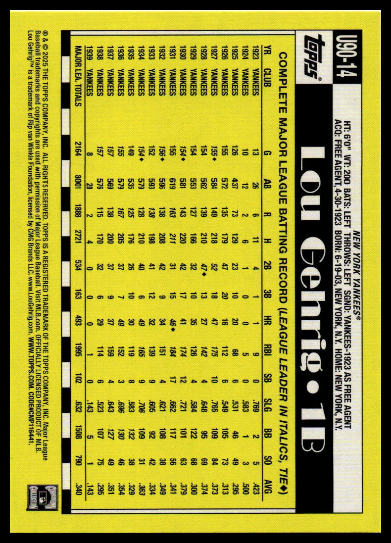 2025 Topps Update #U90-14 Lou Gehrig 1990 Topps Baseball 35th Anniversary