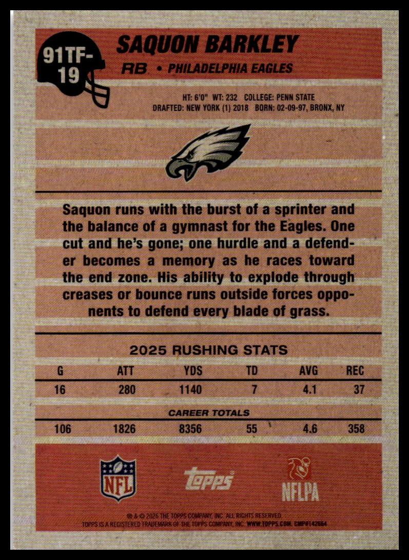 2026 Topps Flagship #91TF-19 Saquon Barkley 1991 Topps Football Crackle