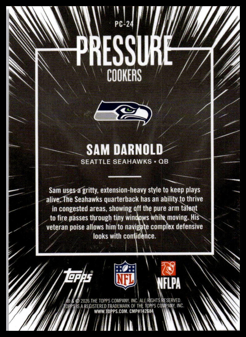2026 Topps Flagship #PC-24 Sam Darnold Pressure Cookers Pink Crackle