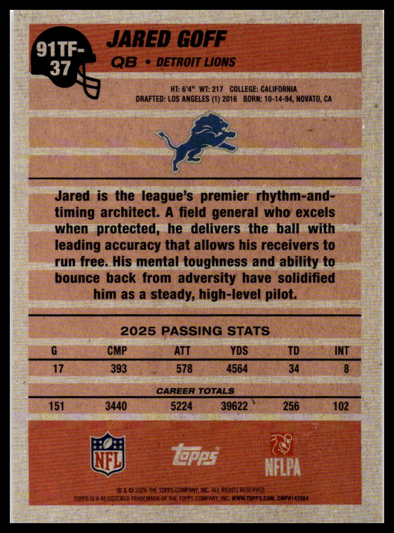 2026 Topps Flagship #91TF-37 Jared Goff 1991 Topps Football
