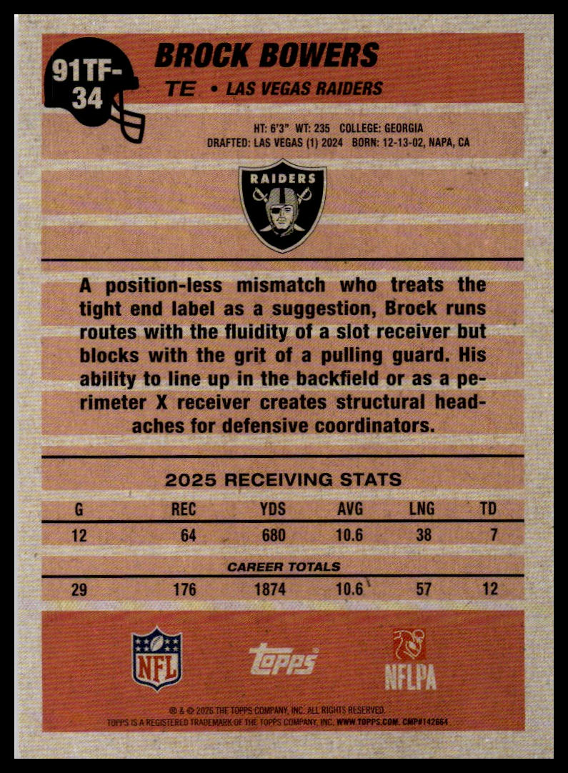 2026 Topps Flagship #91TF-34 Brock Bowers 1991 Topps Football