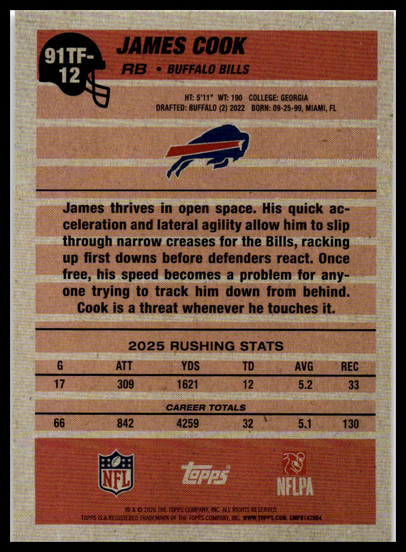 2026 Topps Flagship #91TF-12 James Cook 1991 Topps Football Crackle