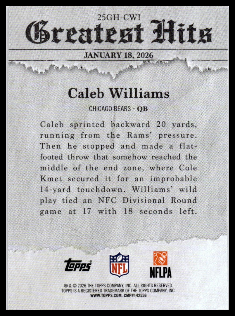 2026 Topps Flagship #25GH-CWI Caleb Williams 2025 Greatest Hits