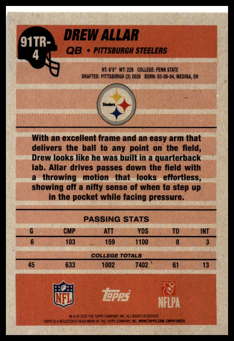 2026 Topps Flagship #91TR-4 Drew Allar 1991 Topps Football Rookies